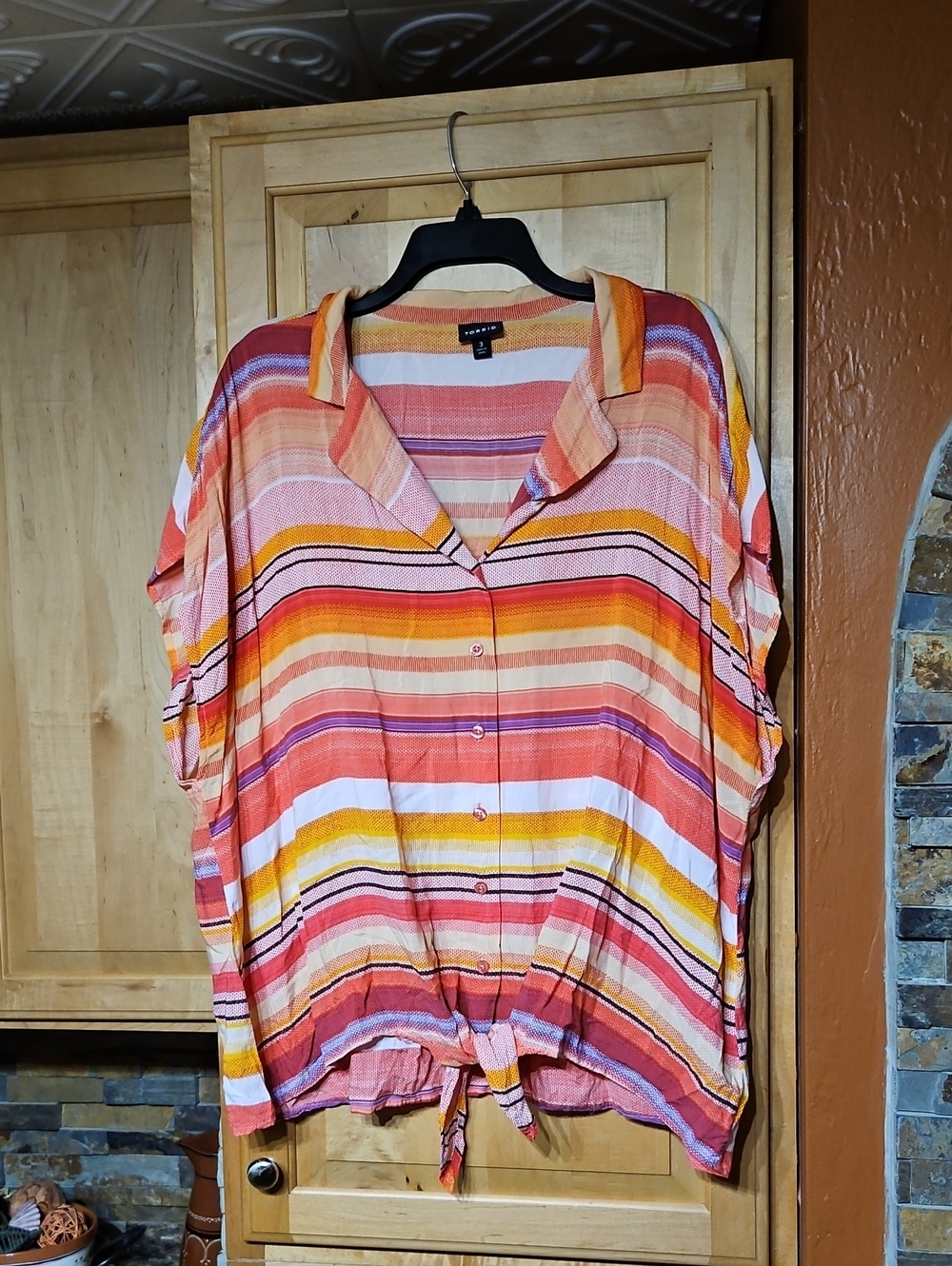 Torrid Challis Button Up V-Neck Tie Front Top Pink Purple Orange Yellow Striped